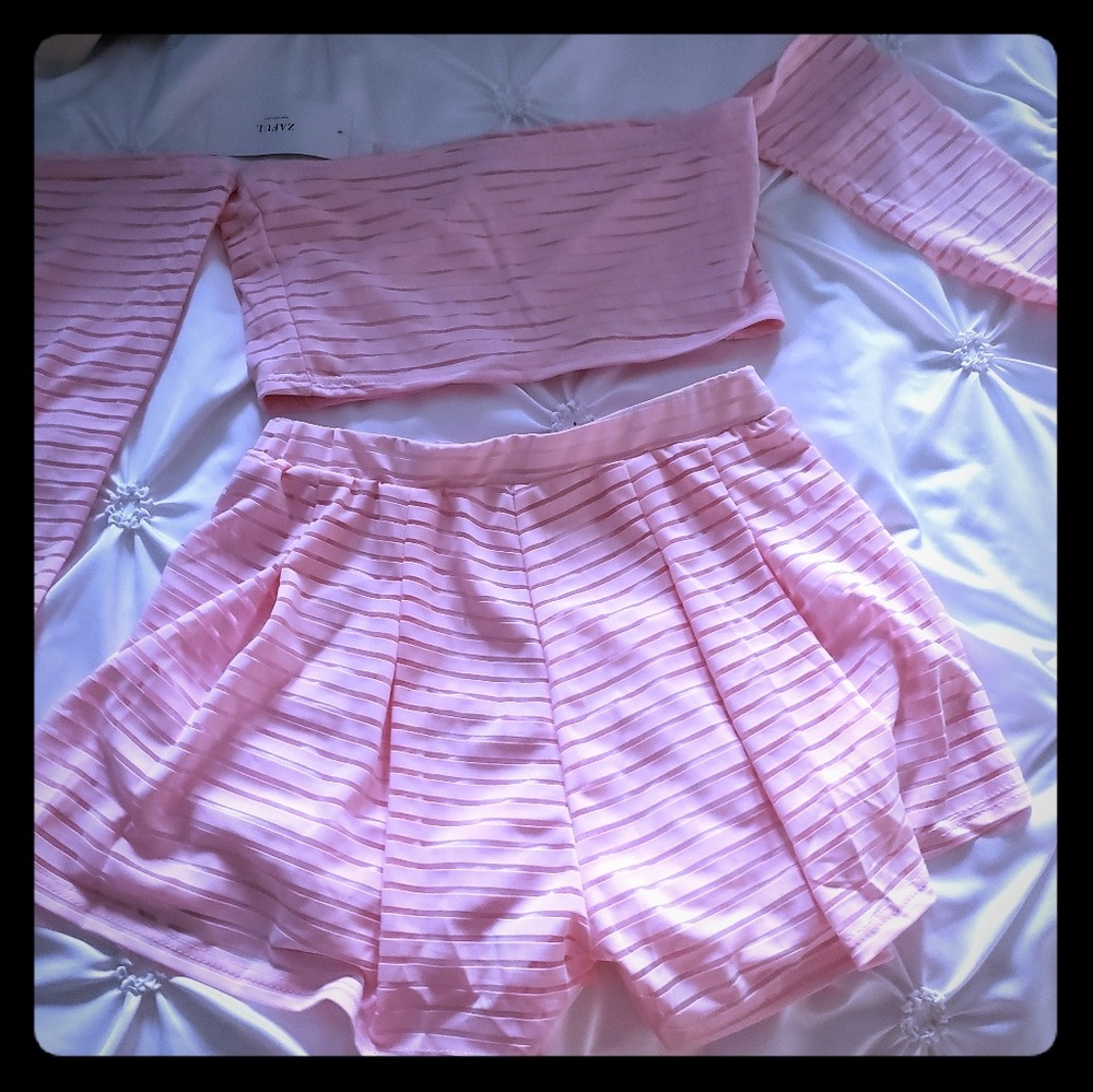 Mesh Striped Off Shoulder Two Piece Set